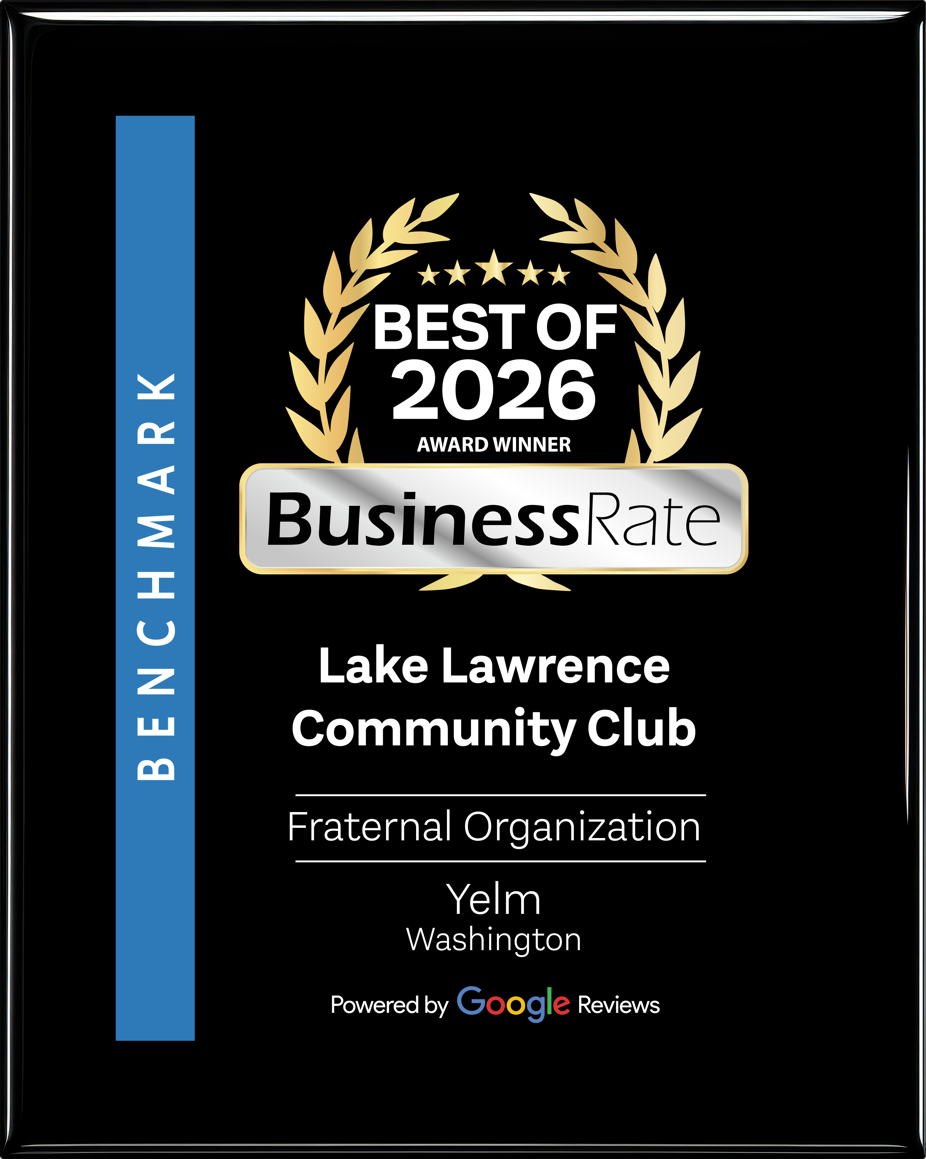BusinessRate Best of 2026 Award Winner plaque for Lake Lawrence Community Club in Yelm, Washington
